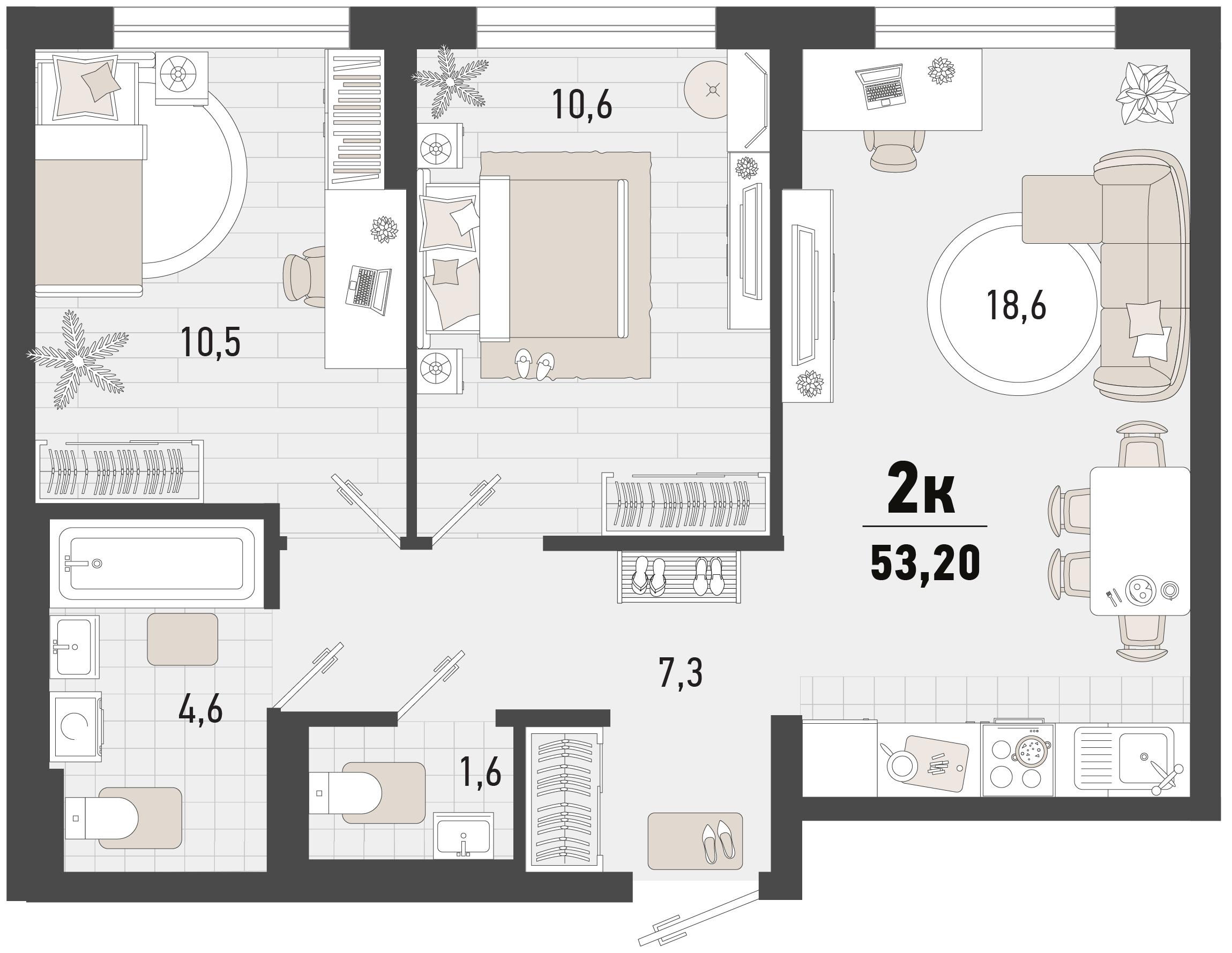Планировка 2-комнатная 53,2 м²