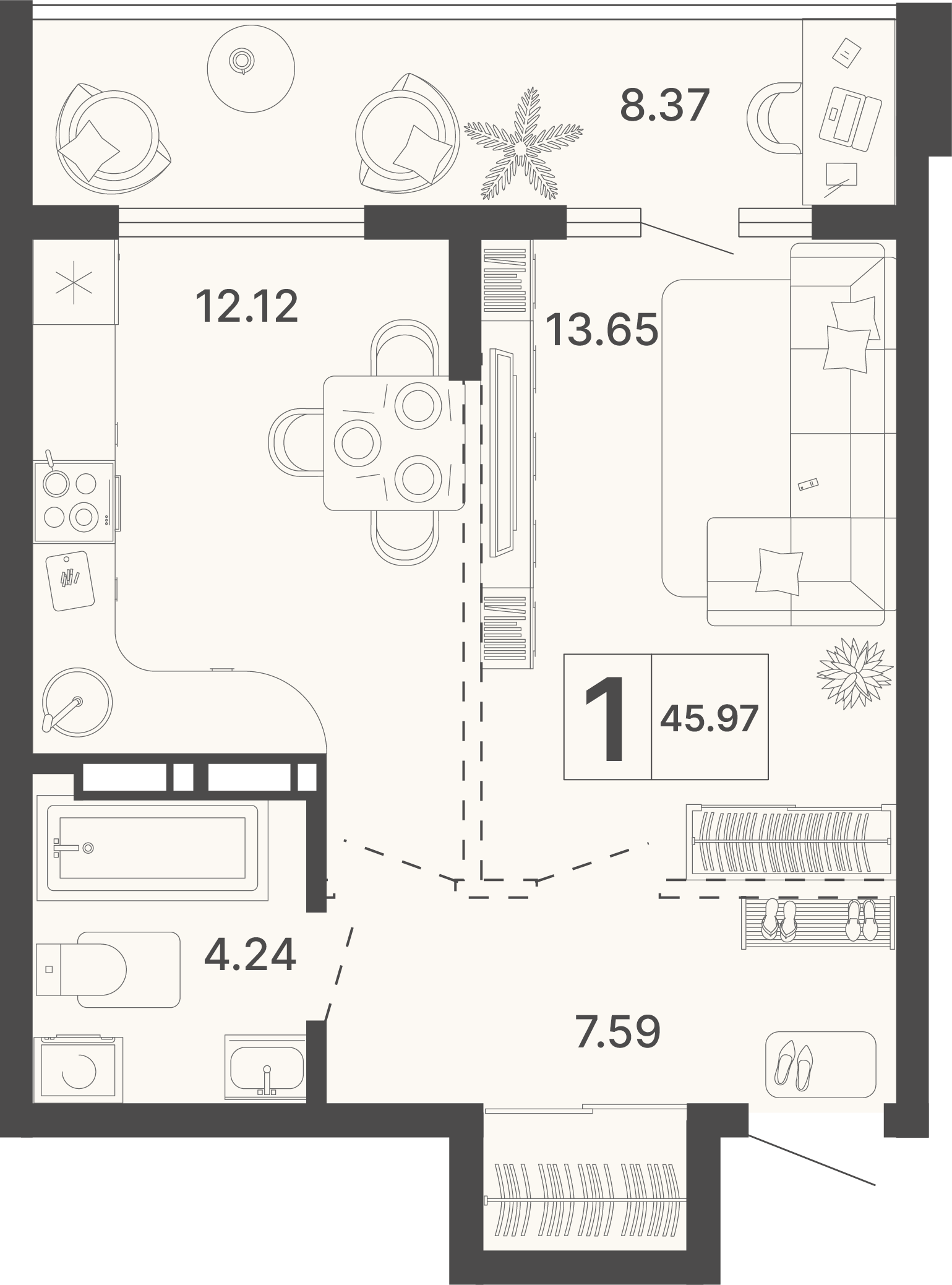 Планировка 1-комнатная 45,97 м²