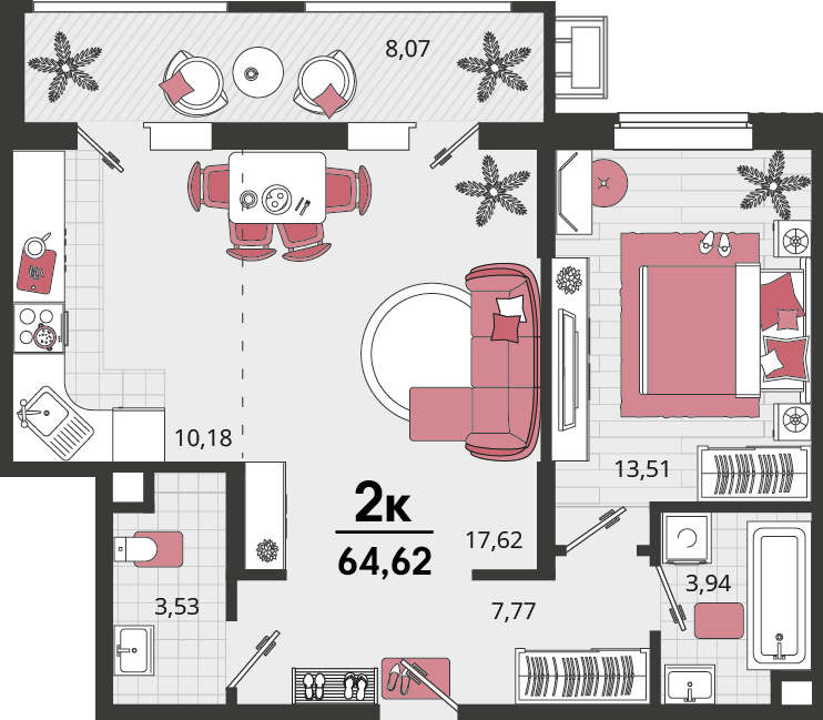Планировка 2-комнатная 64,62 м²