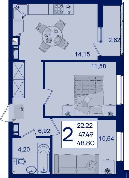 Планировка 2-комнатная 48,8 м²