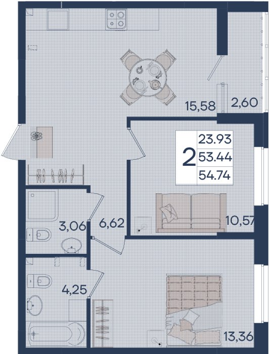 Планировка: 2-комн. квартира 54,7 м²