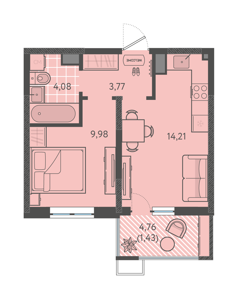 Планировка: 1-комн. квартира 33,5 м²
