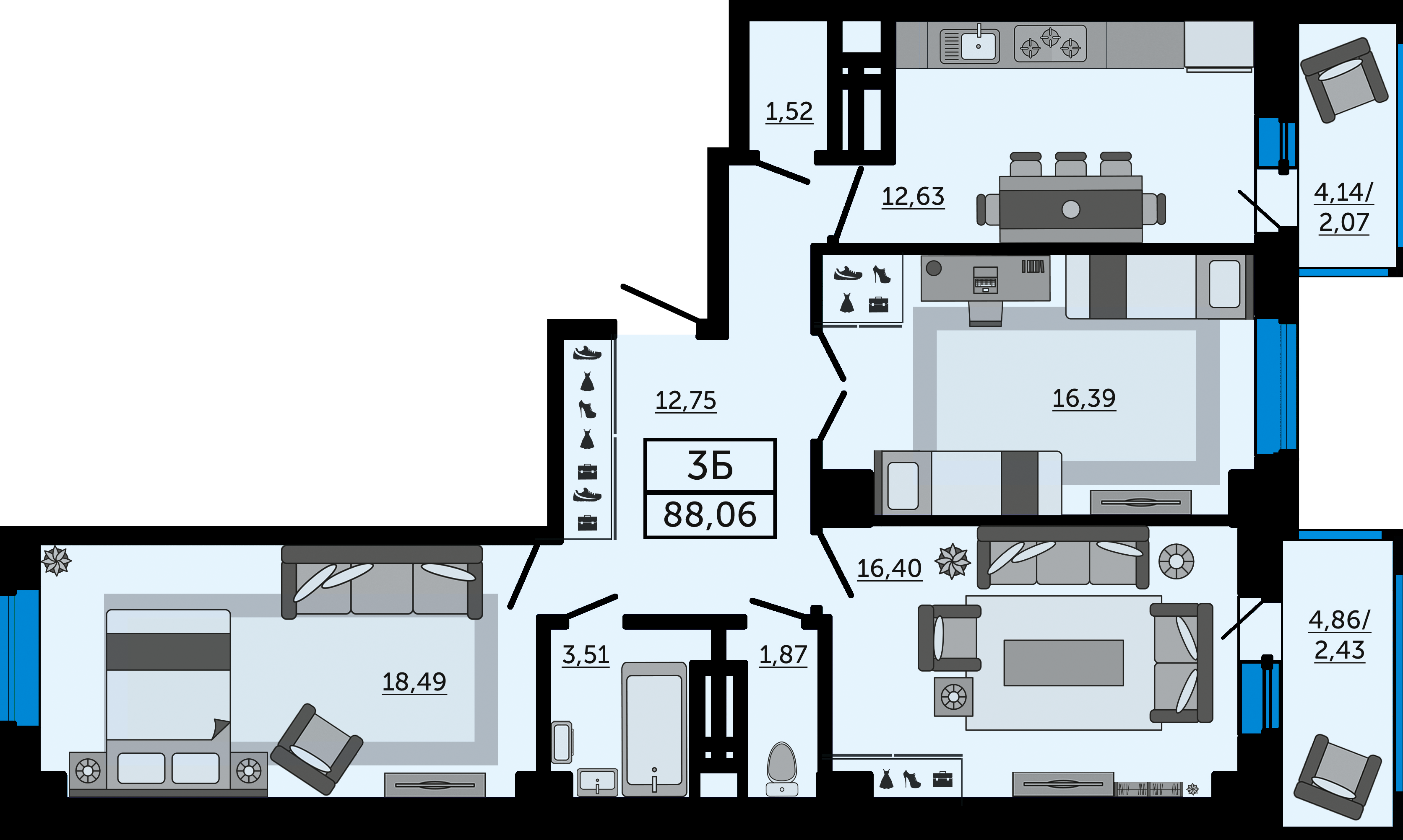Планировка 3-комнатная 88,06 м²