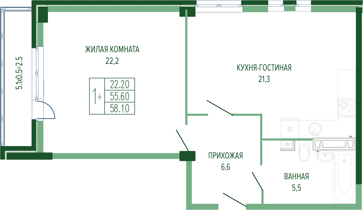 Планировка 1-комнатная 59,25 м²