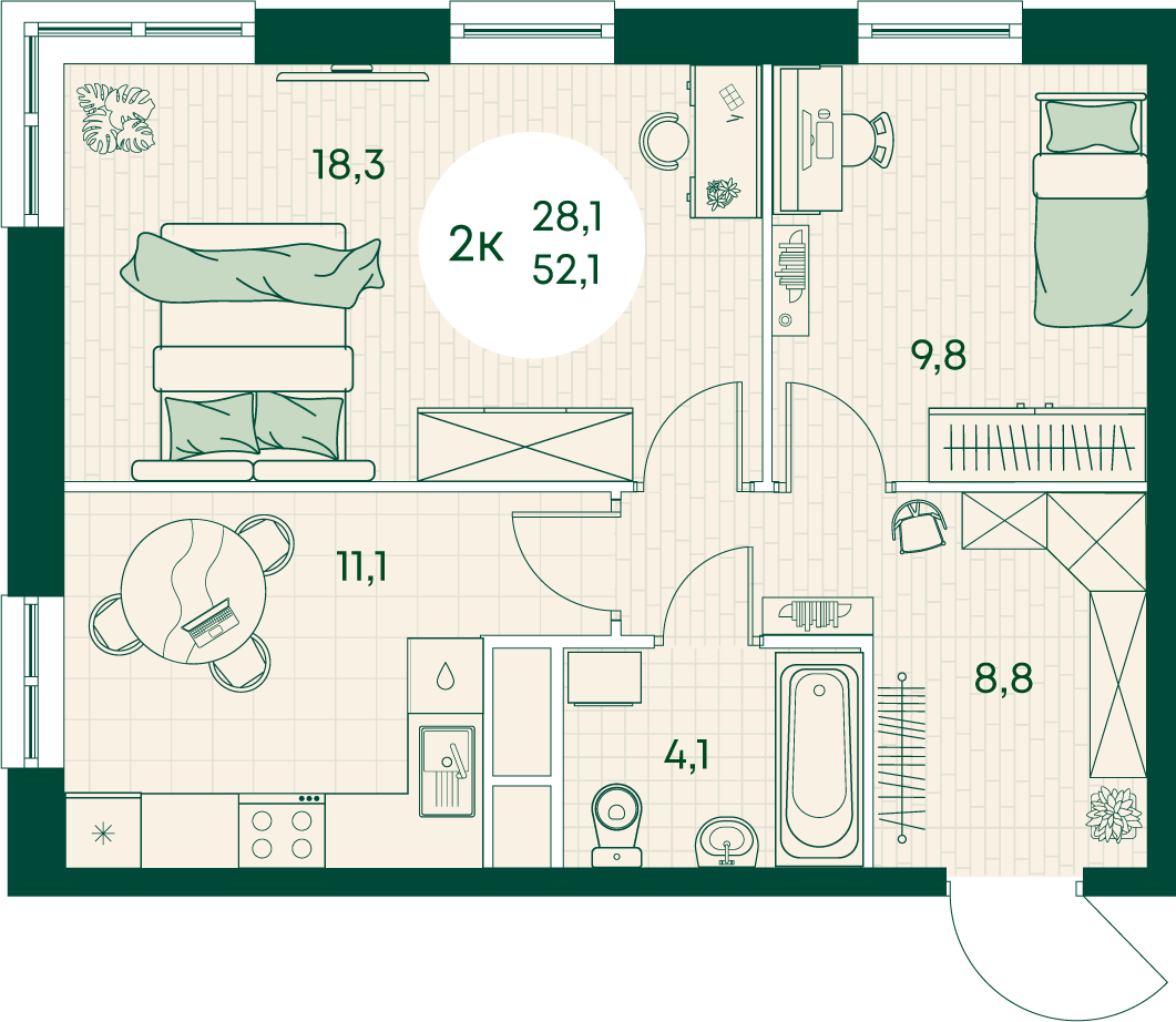 Планировка 2-комнатная 52,1 м²