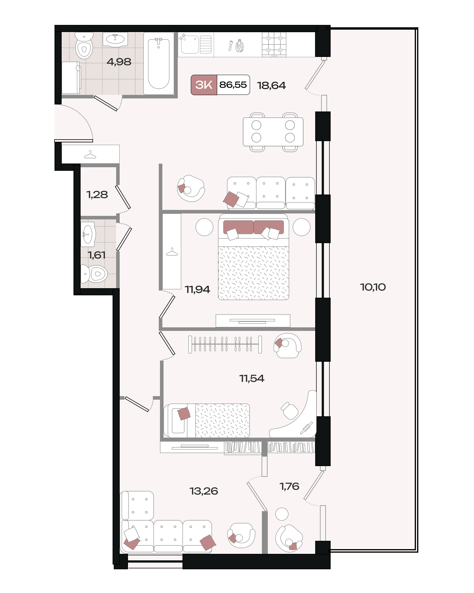Планировка: 3-комн. квартира 86,6 м²