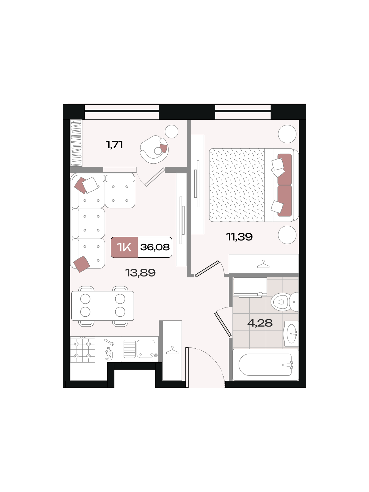 Планировка 1-комнатная 36,08 м²