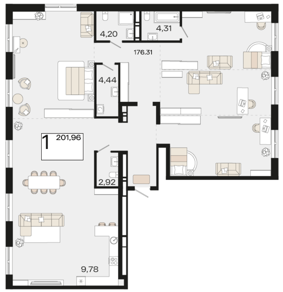 Планировка 1-комнатная 201,96 м²