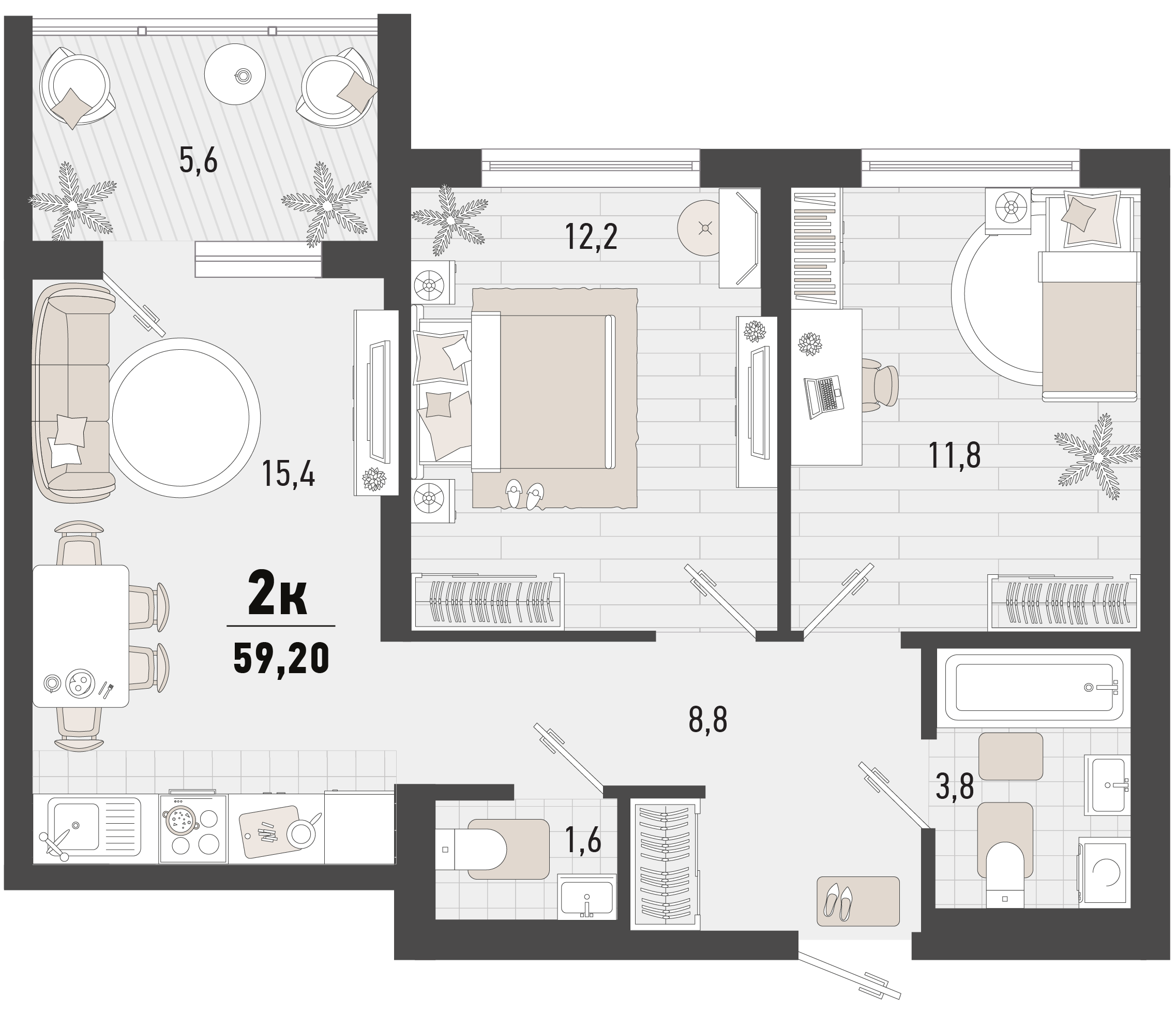Планировка 2-комнатная 59,2 м²