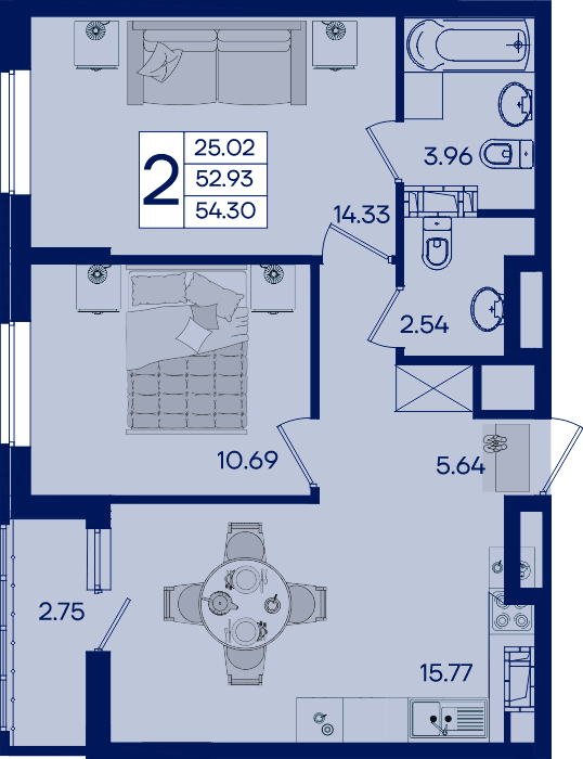 Планировка: 2-комн. квартира 54,3 м²