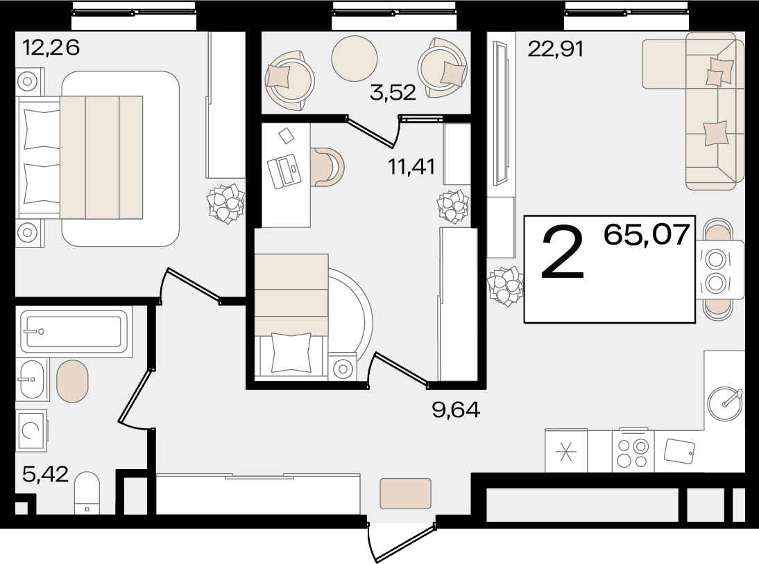 Планировка 2-комнатная 65,07 м²