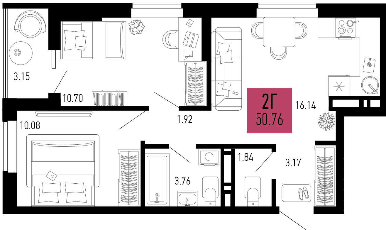 Планировка 2-комнатная 50,76 м²