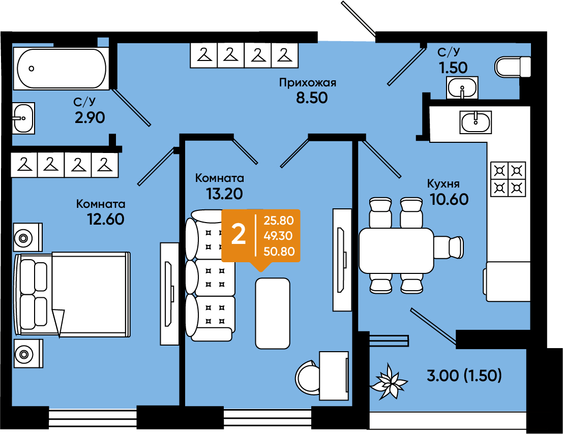 Планировка: 1-комн. квартира 50,8 м²