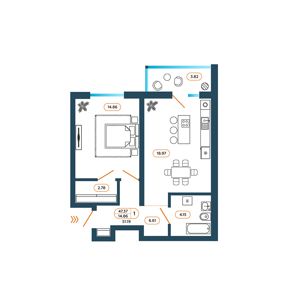 Планировка: 1-комн. квартира 52,1 м²