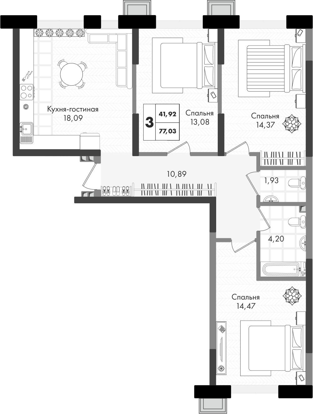 Планировка: 3-комн. квартира 77 м²