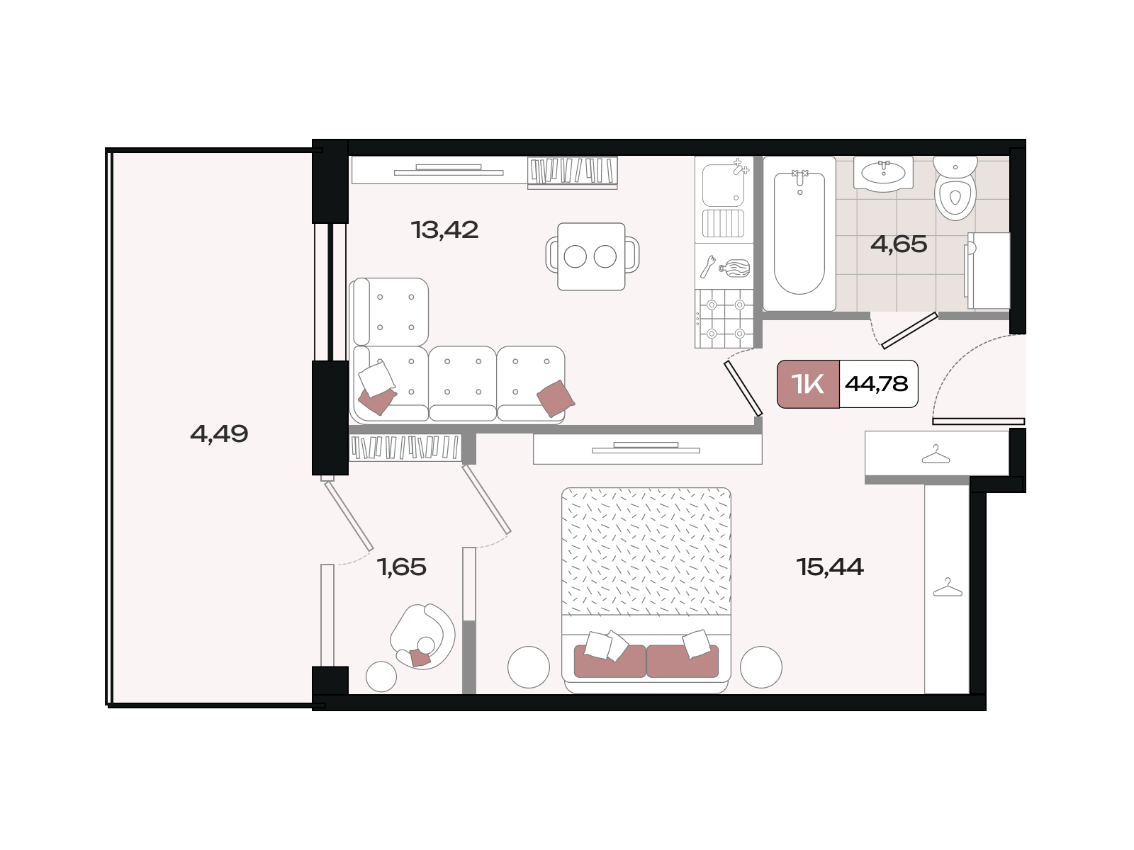 Планировка 1-комнатная 44,78 м²