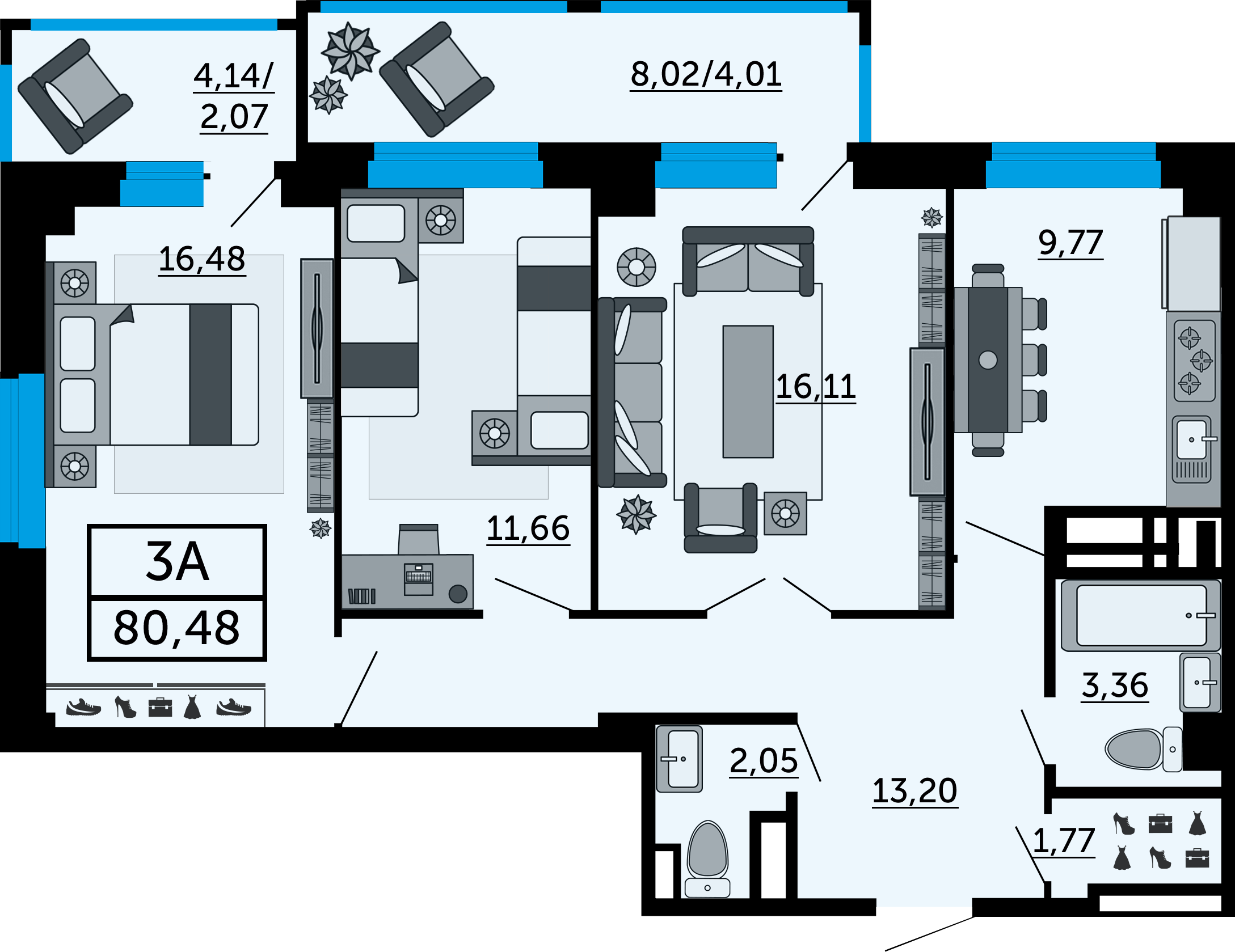 Планировка 3-комнатная 80,48 м²