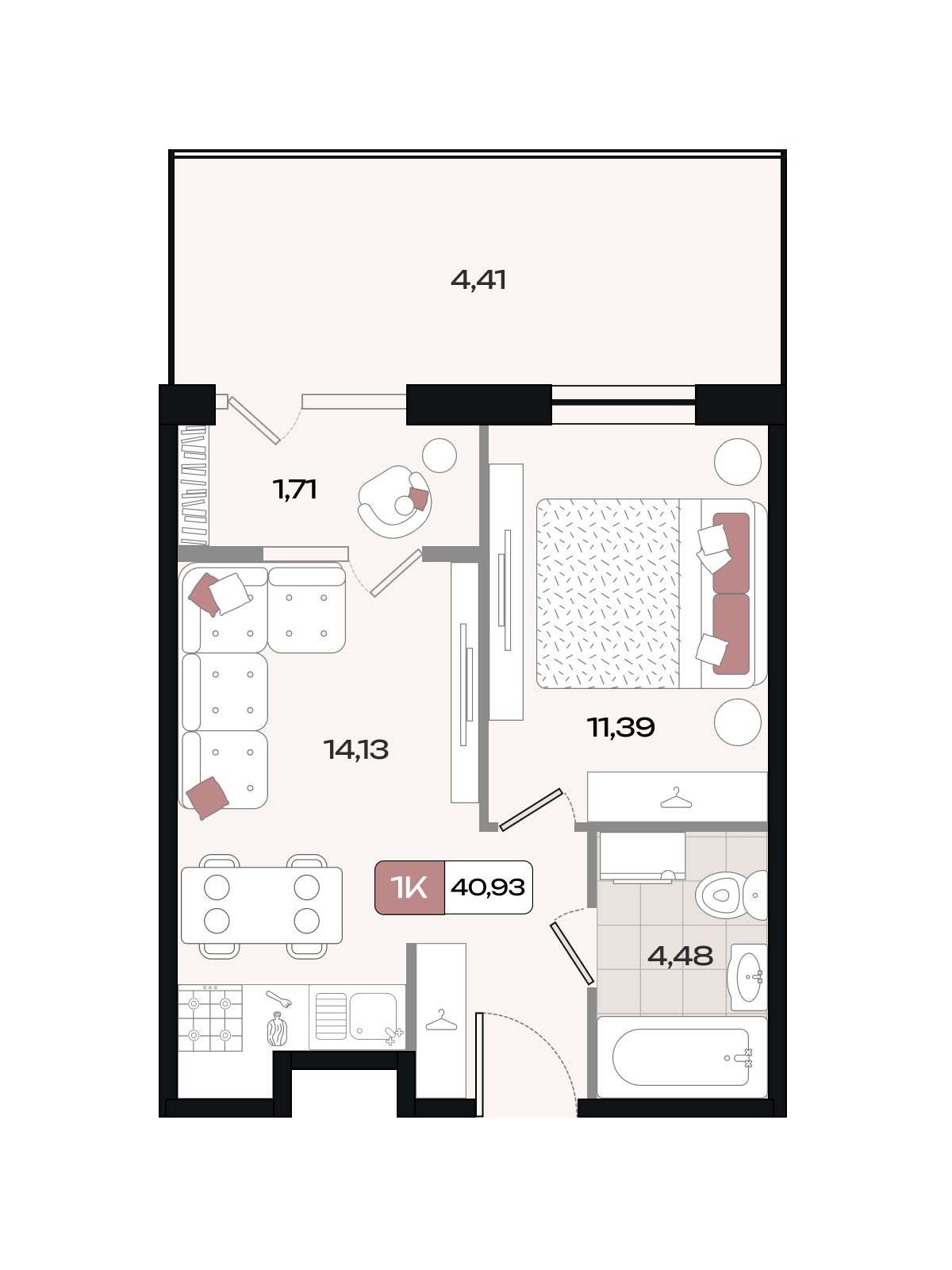 Планировка 1-комнатная 40,93 м²