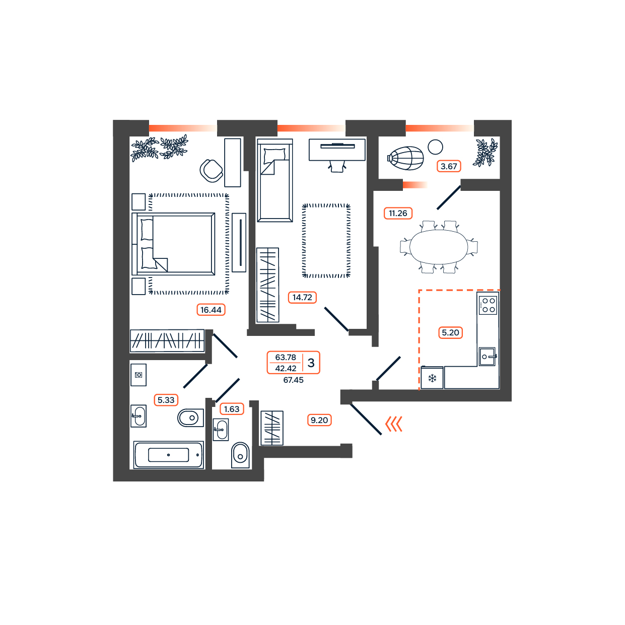 Планировка: 3-комн. квартира 67,5 м²