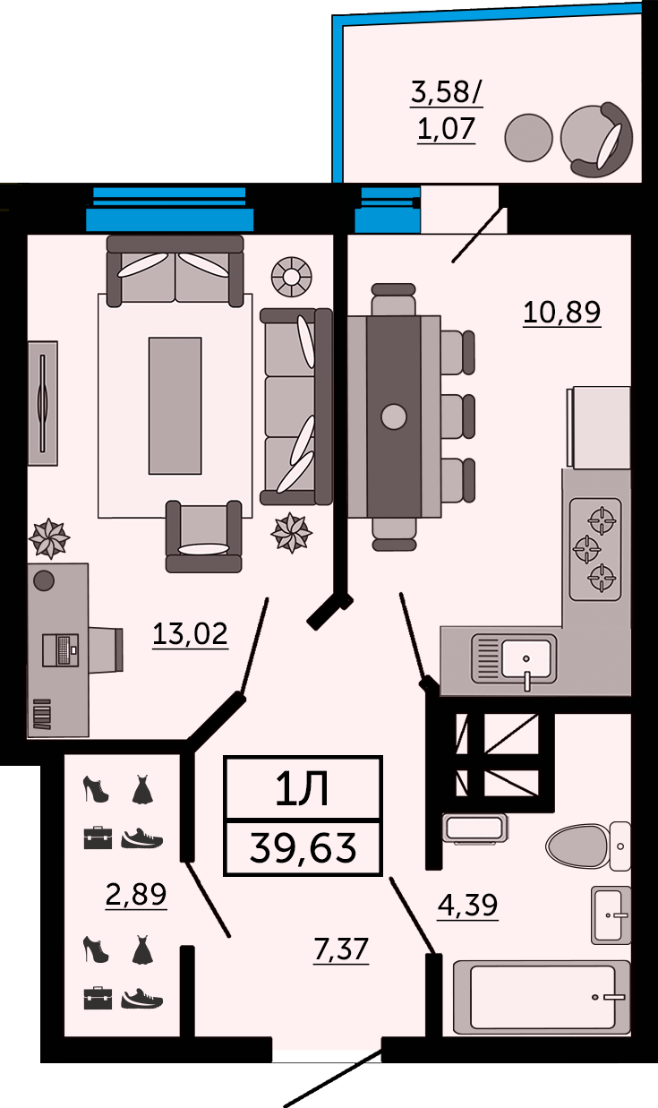 Планировка 1-комнатная 38,2 м²