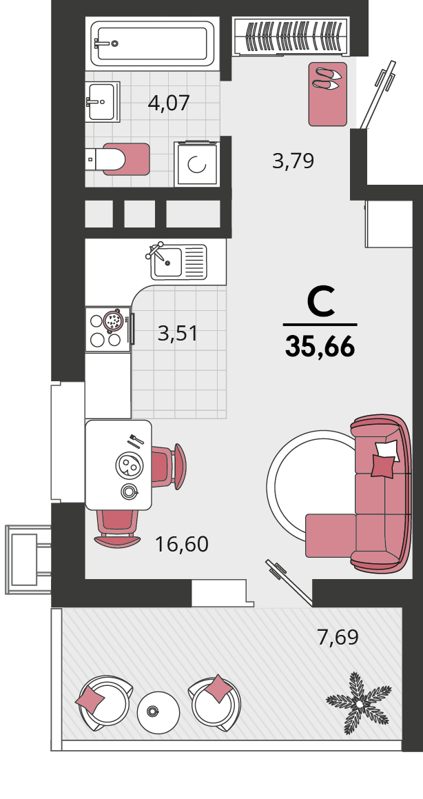 Планировка 1-комнатная 35,66 м²