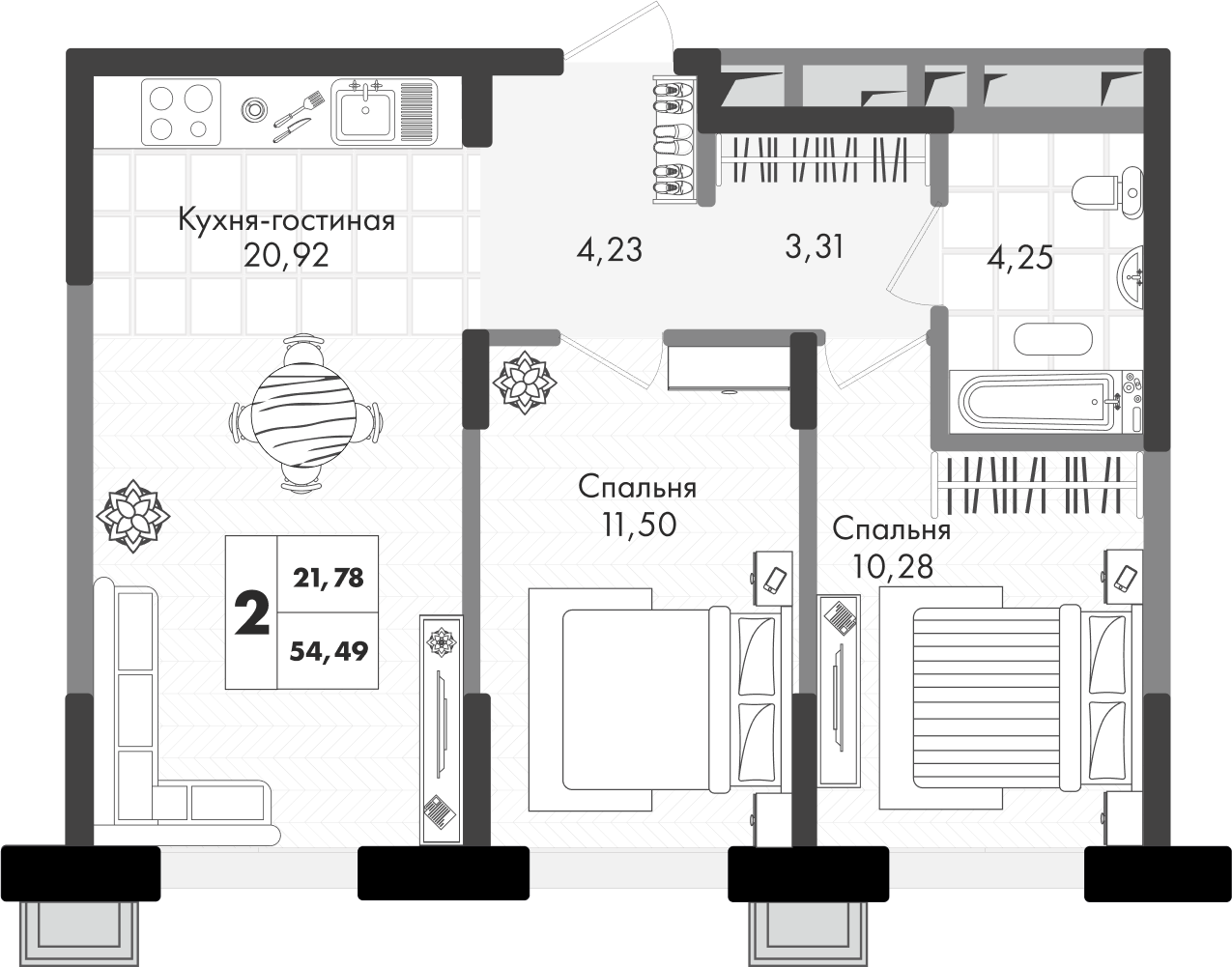 Планировка 2-комнатная 54,49 м²