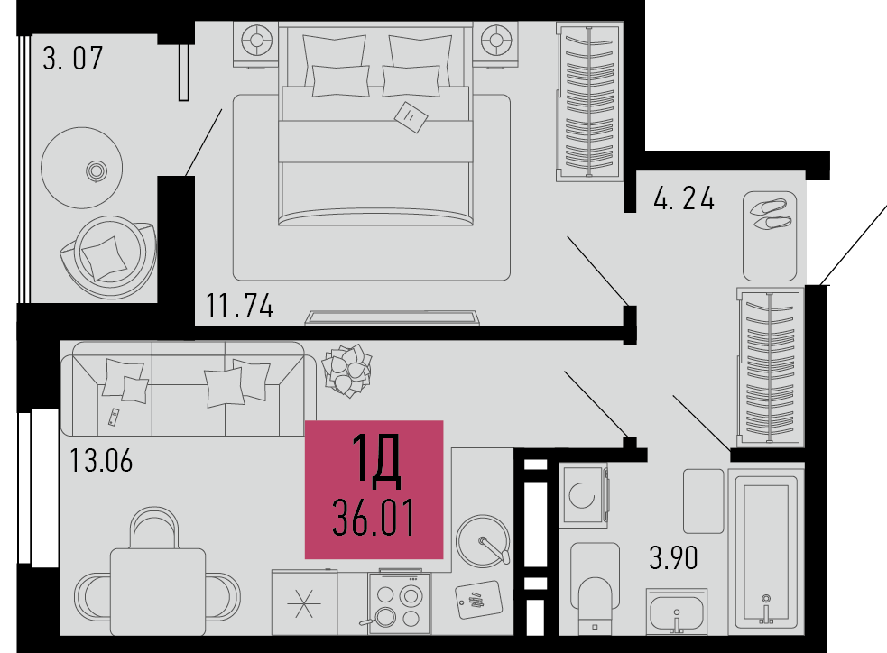 Планировка 1-комнатная 36,01 м²