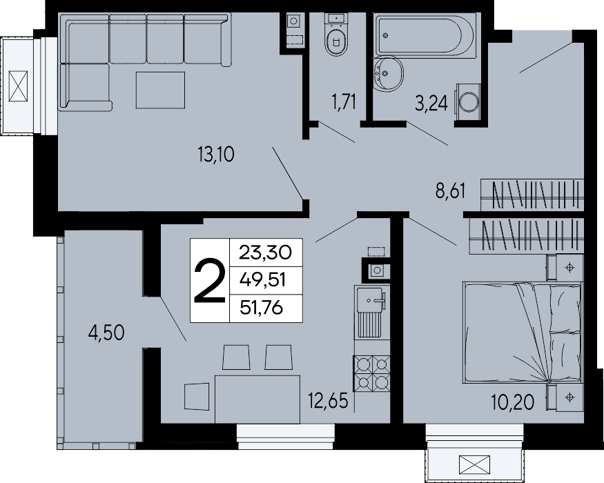 Планировка: 2-комн. квартира 51,8 м²