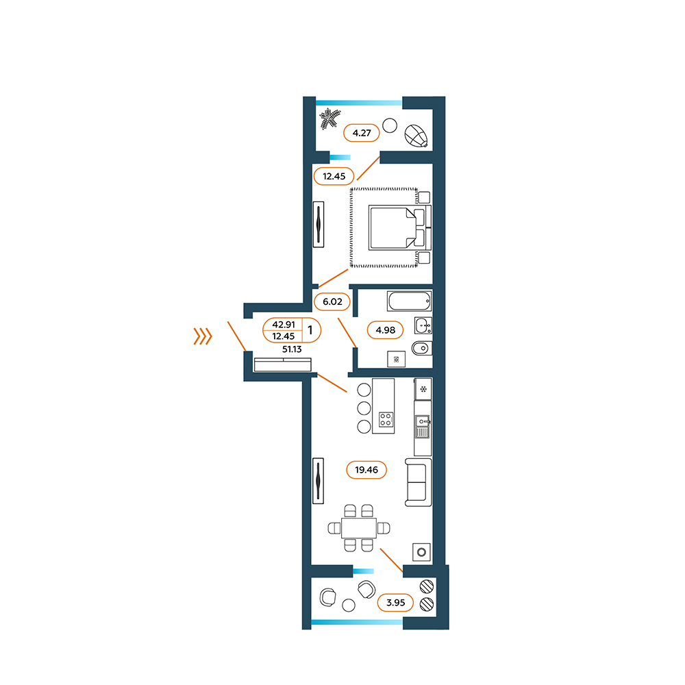 Планировка: 1-комн. квартира 52,4 м²