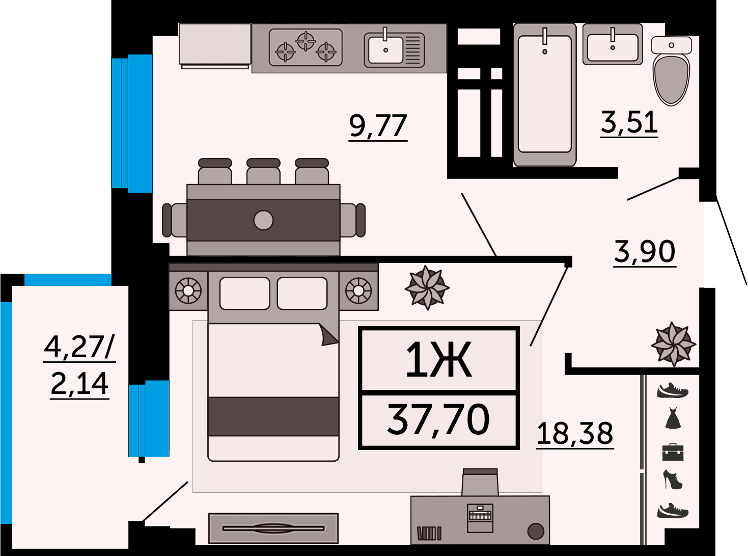 Планировка 1-комнатная 38,4 м²