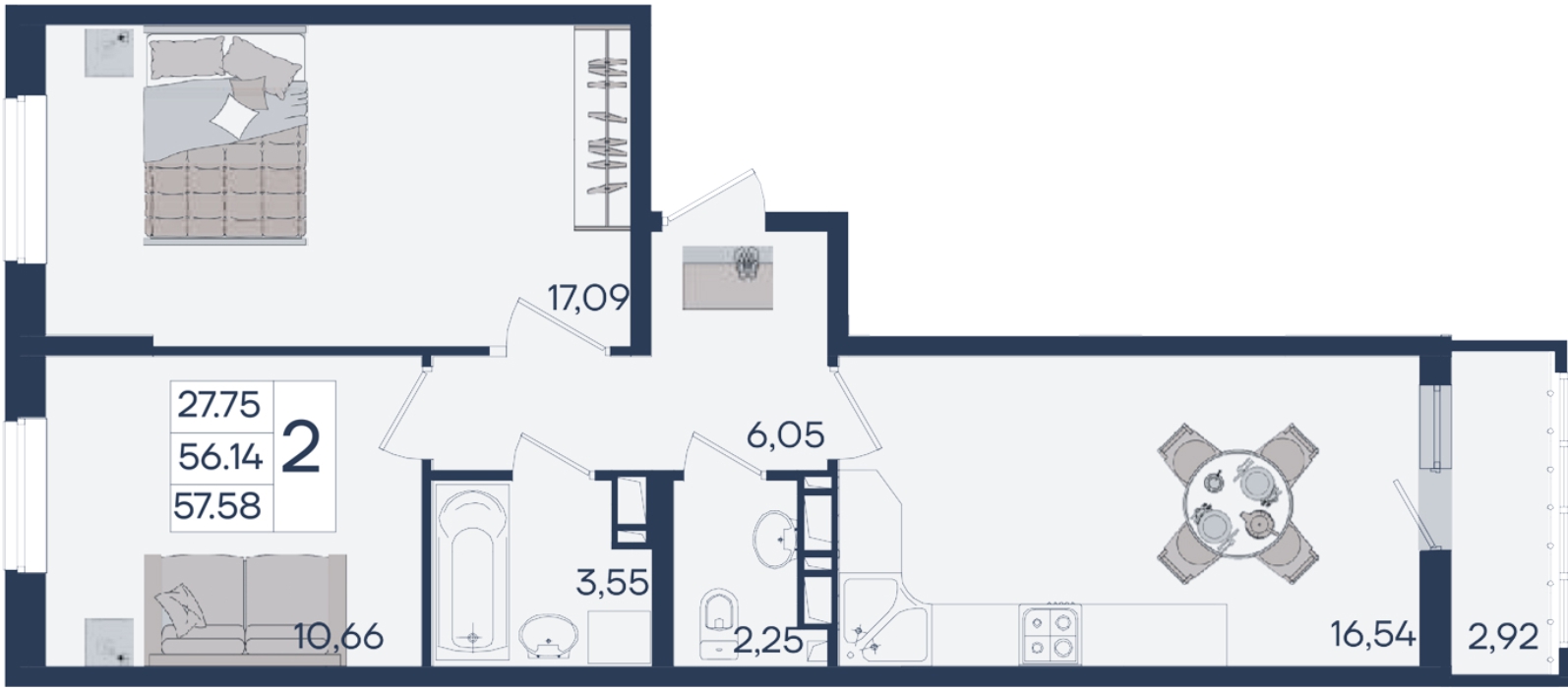 Планировка 2-комнатная 57,58 м²