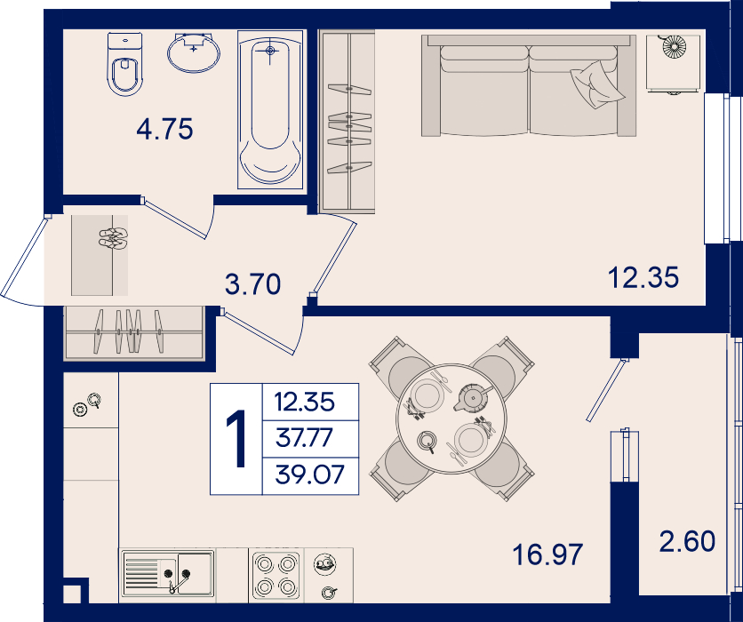 Планировка 1-комнатная 39,07 м²