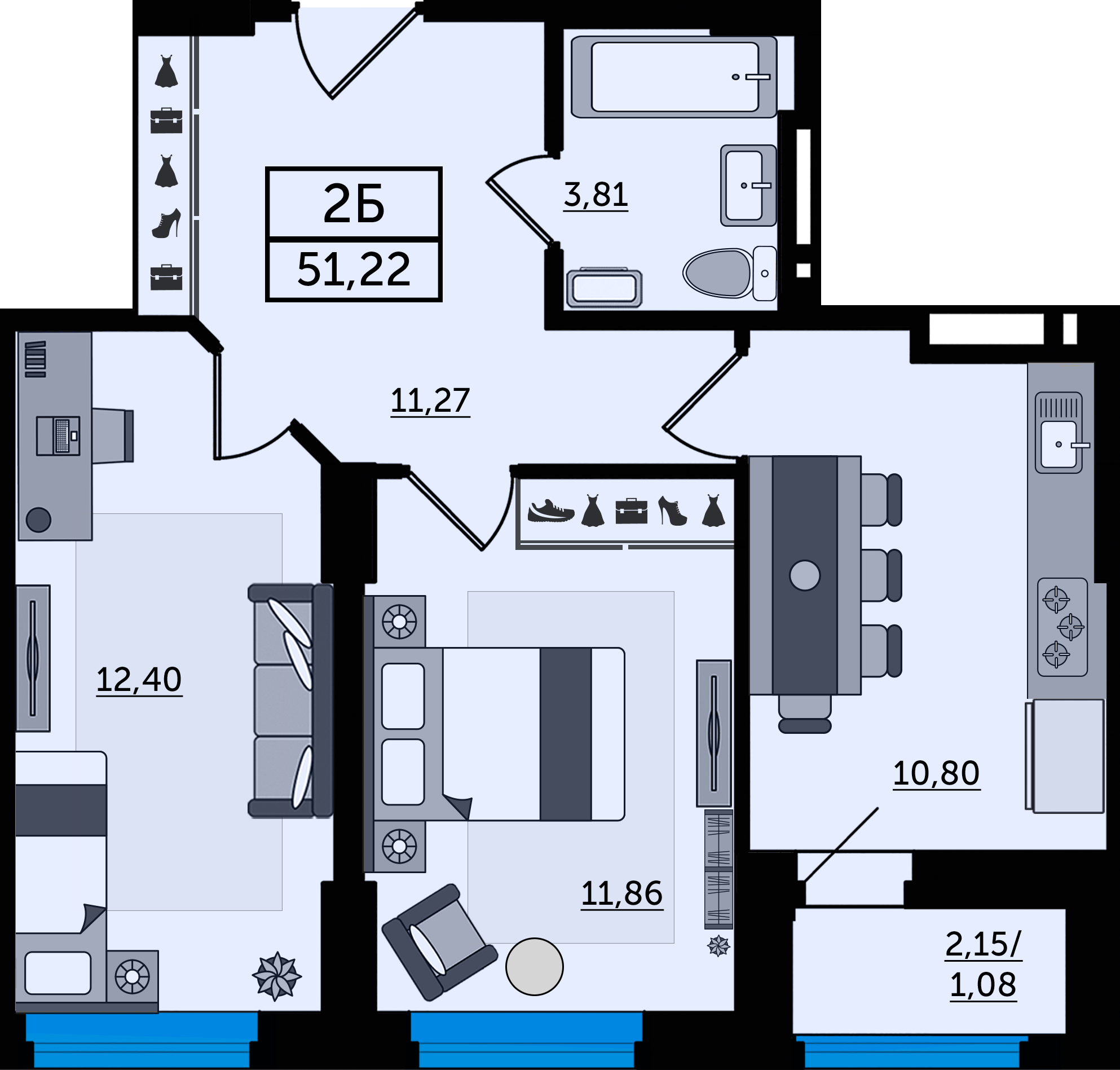 Планировка 2-комнатная 51,22 м²