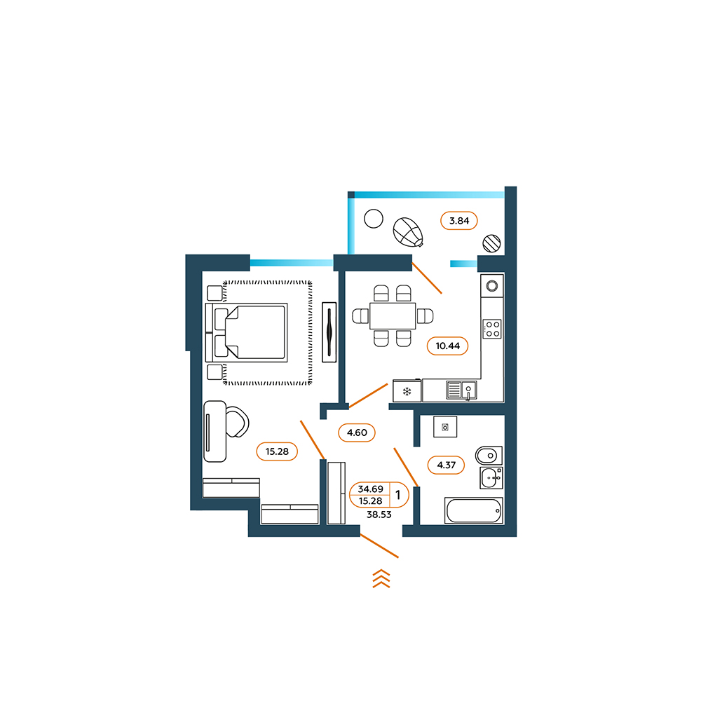 Планировка: 1-комн. квартира 39,2 м²