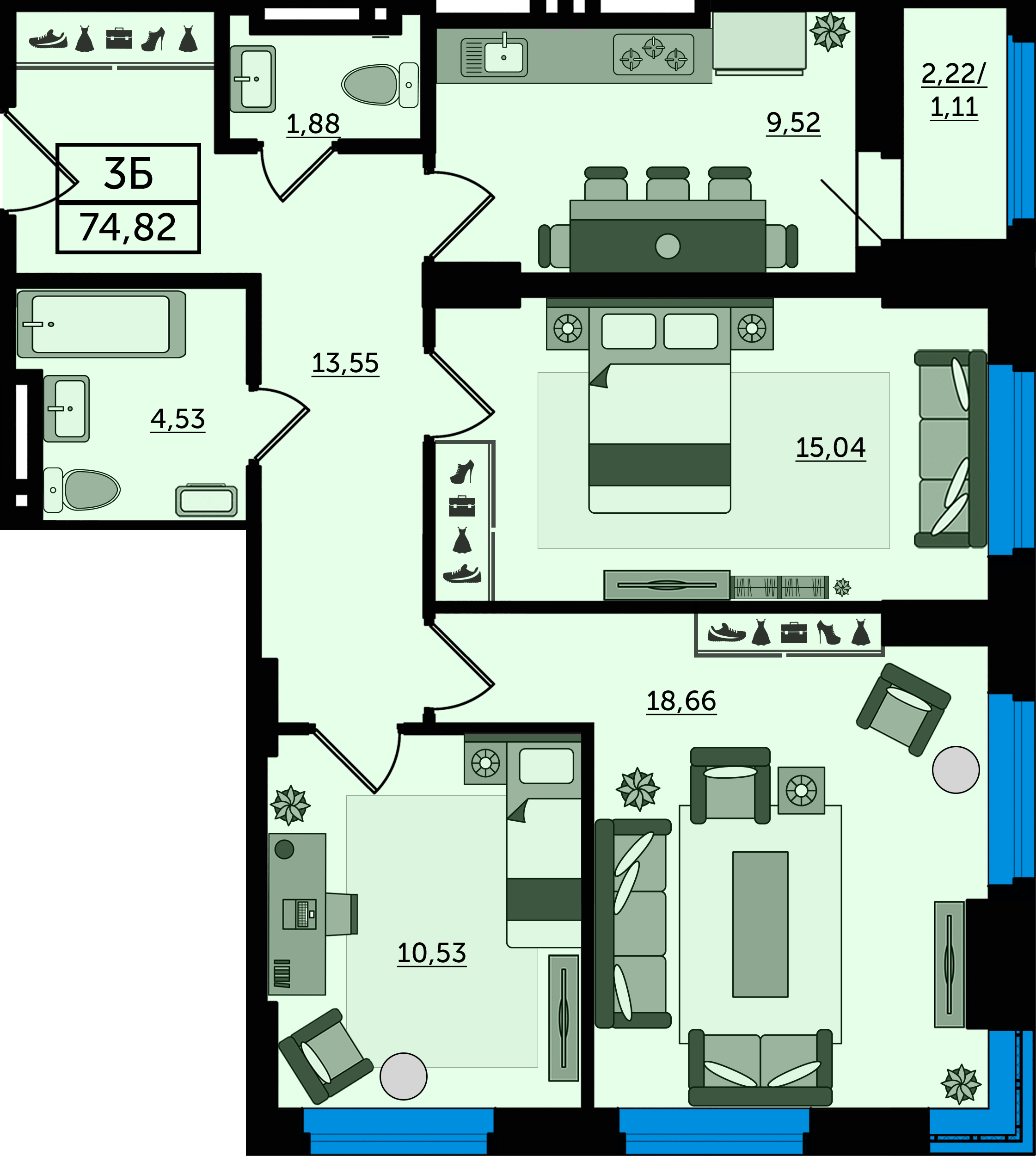 Планировка 3-комнатная 74,82 м²