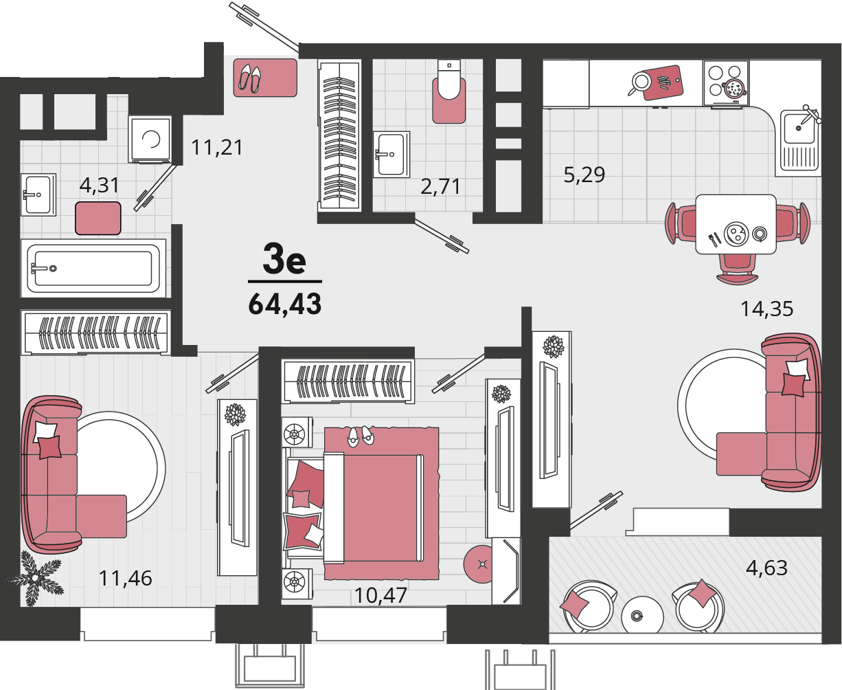 Планировка 3-комнатная 64,43 м²