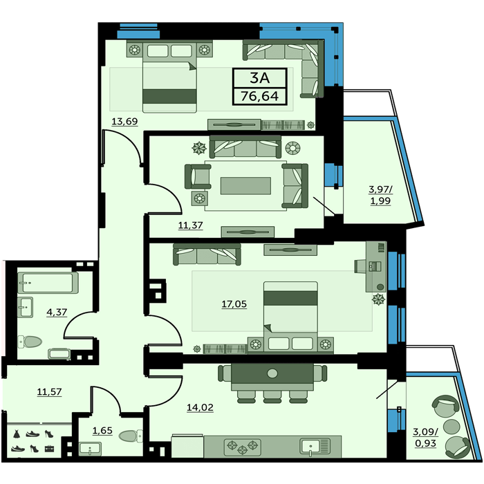 Планировка 3-комнатная 77,1 м²