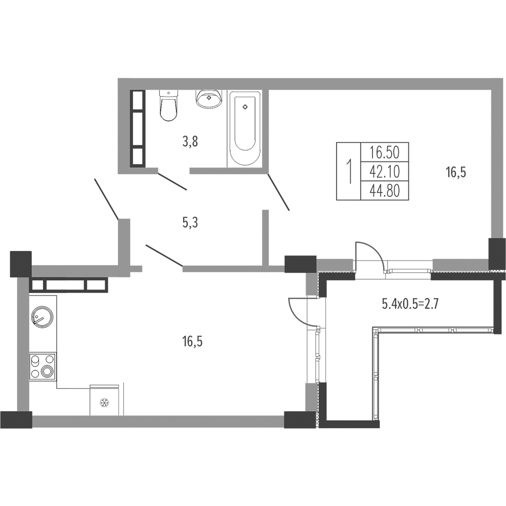 Планировка 1-комнатная 46,5 м²