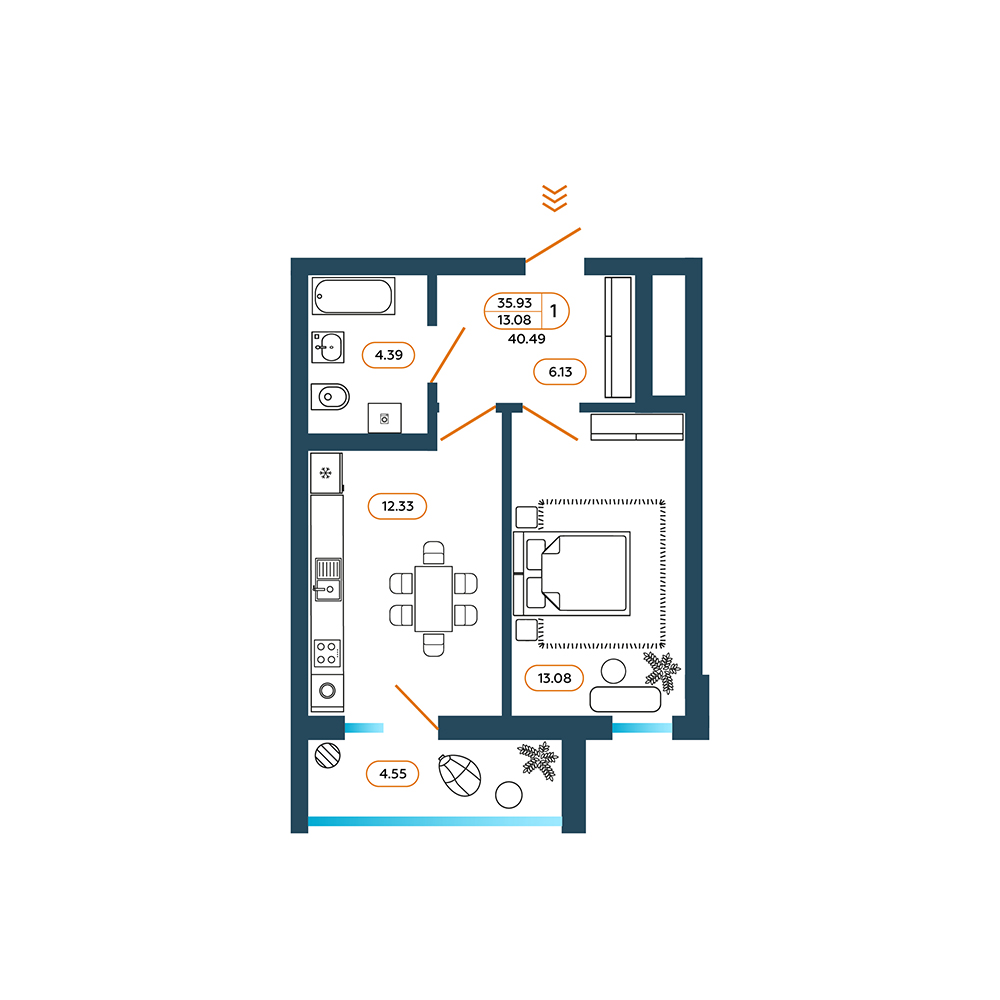 Планировка: 1-комн. квартира 41,3 м²