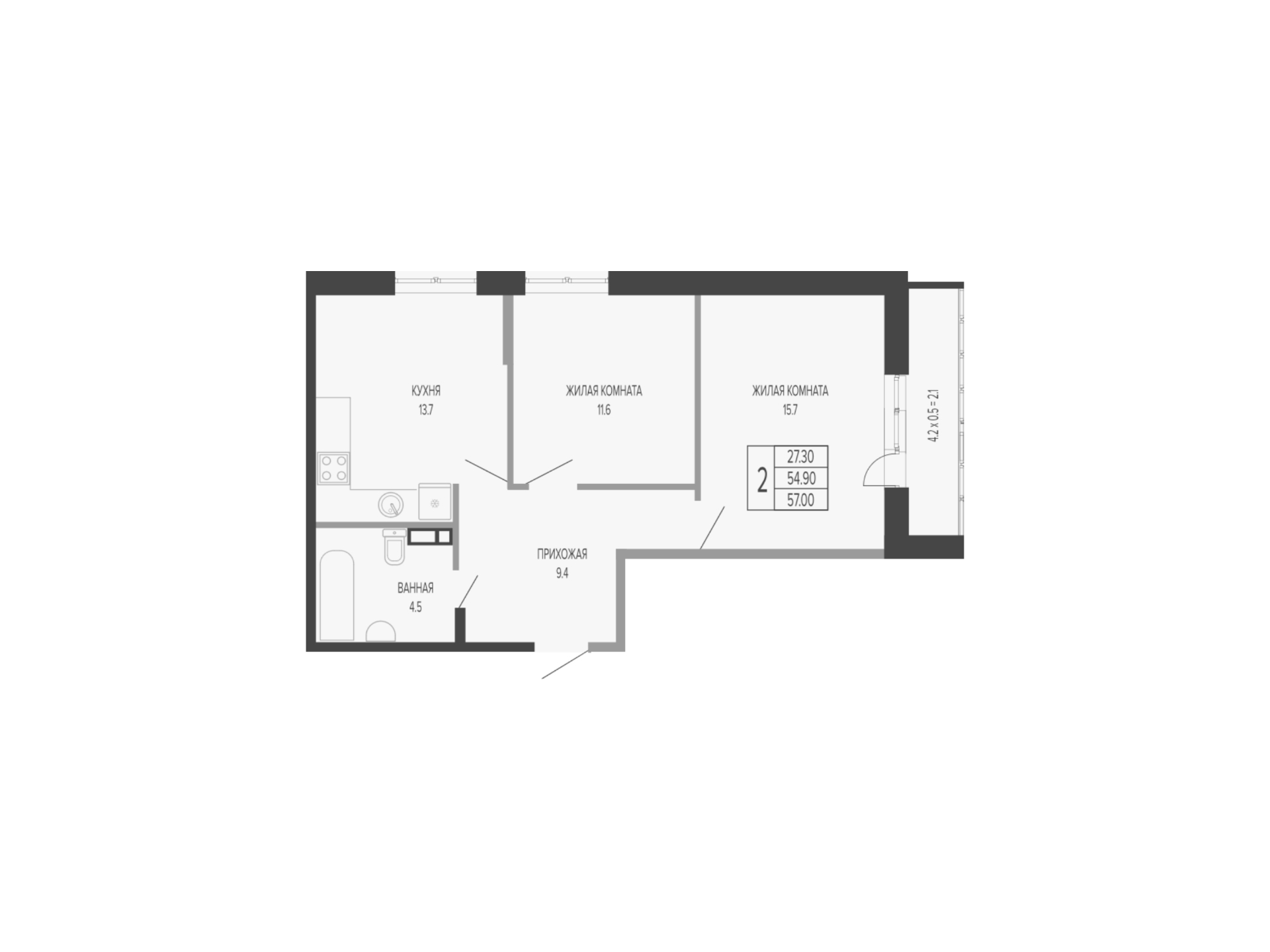 Планировка 2-комнатная 58,2 м²