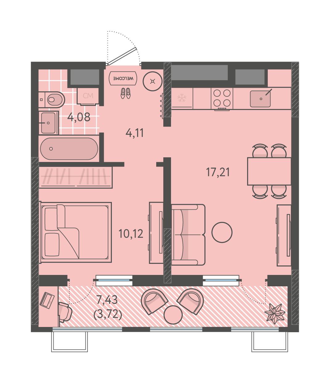 Планировка 1-комнатная 39,24 м²