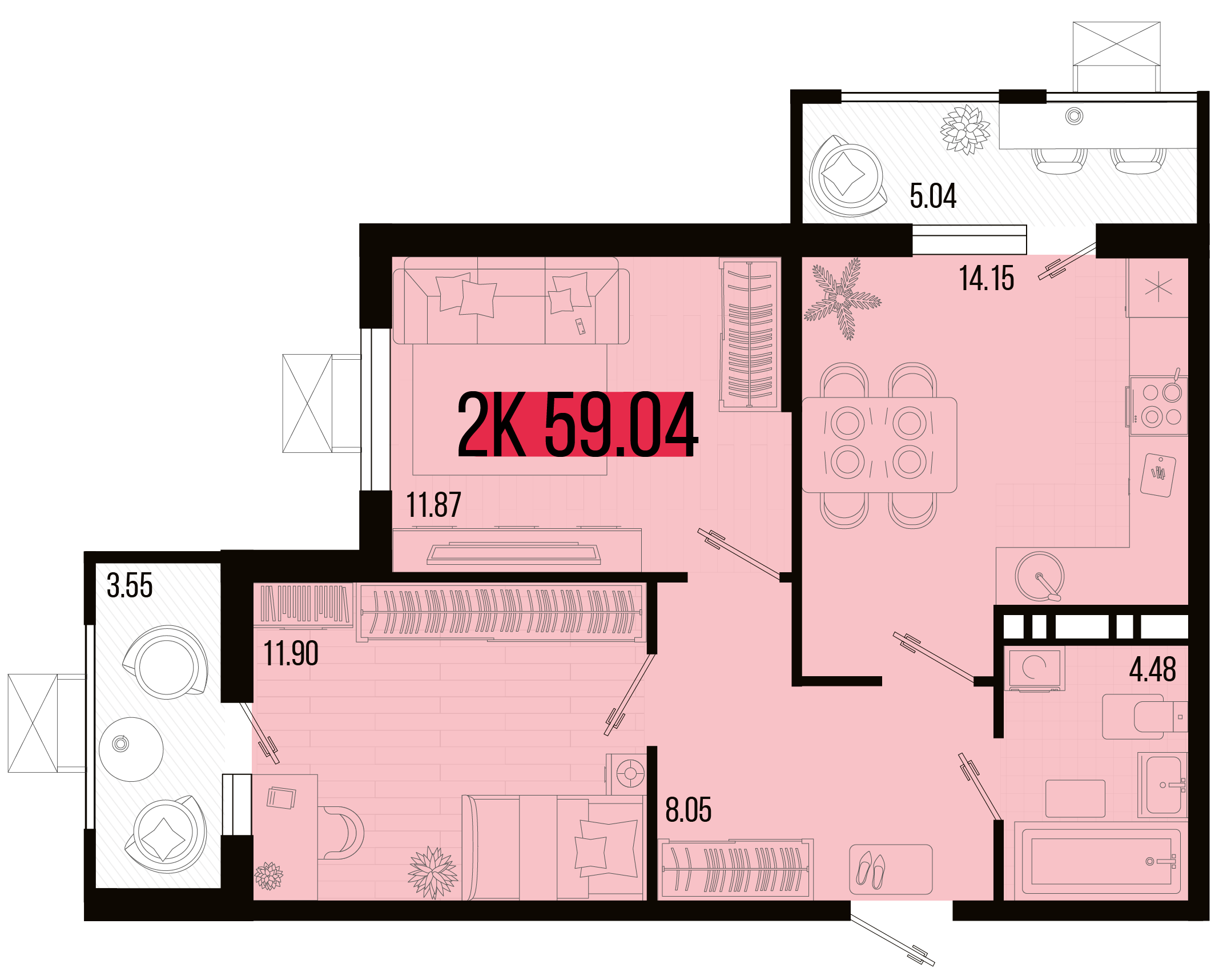 Планировка 2-комнатная 55 м²