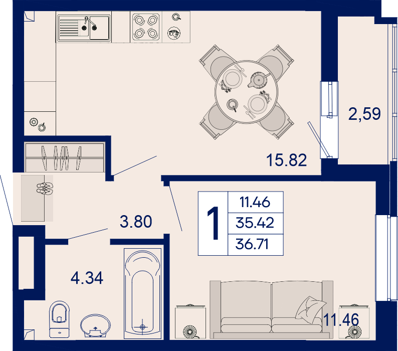 Планировка: 1-комн. квартира 36,7 м²