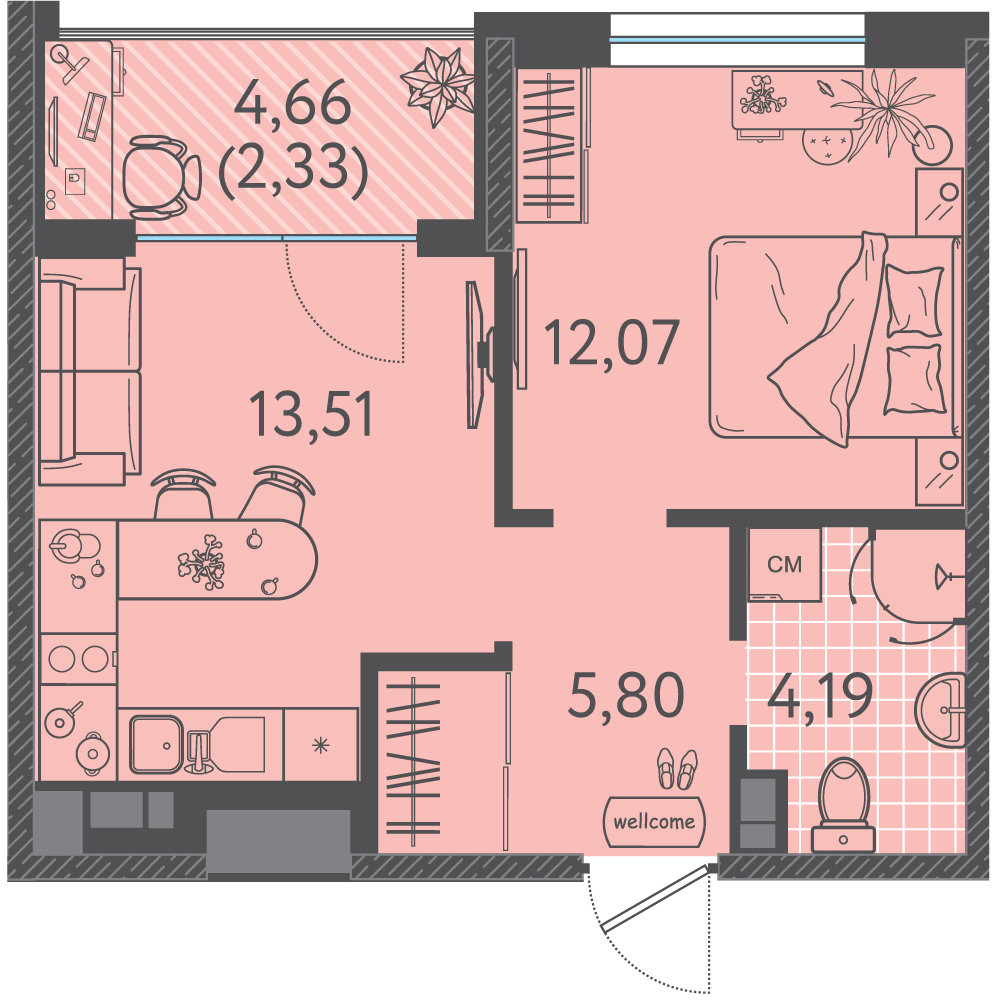 Планировка 1-комнатная 37,05 м²