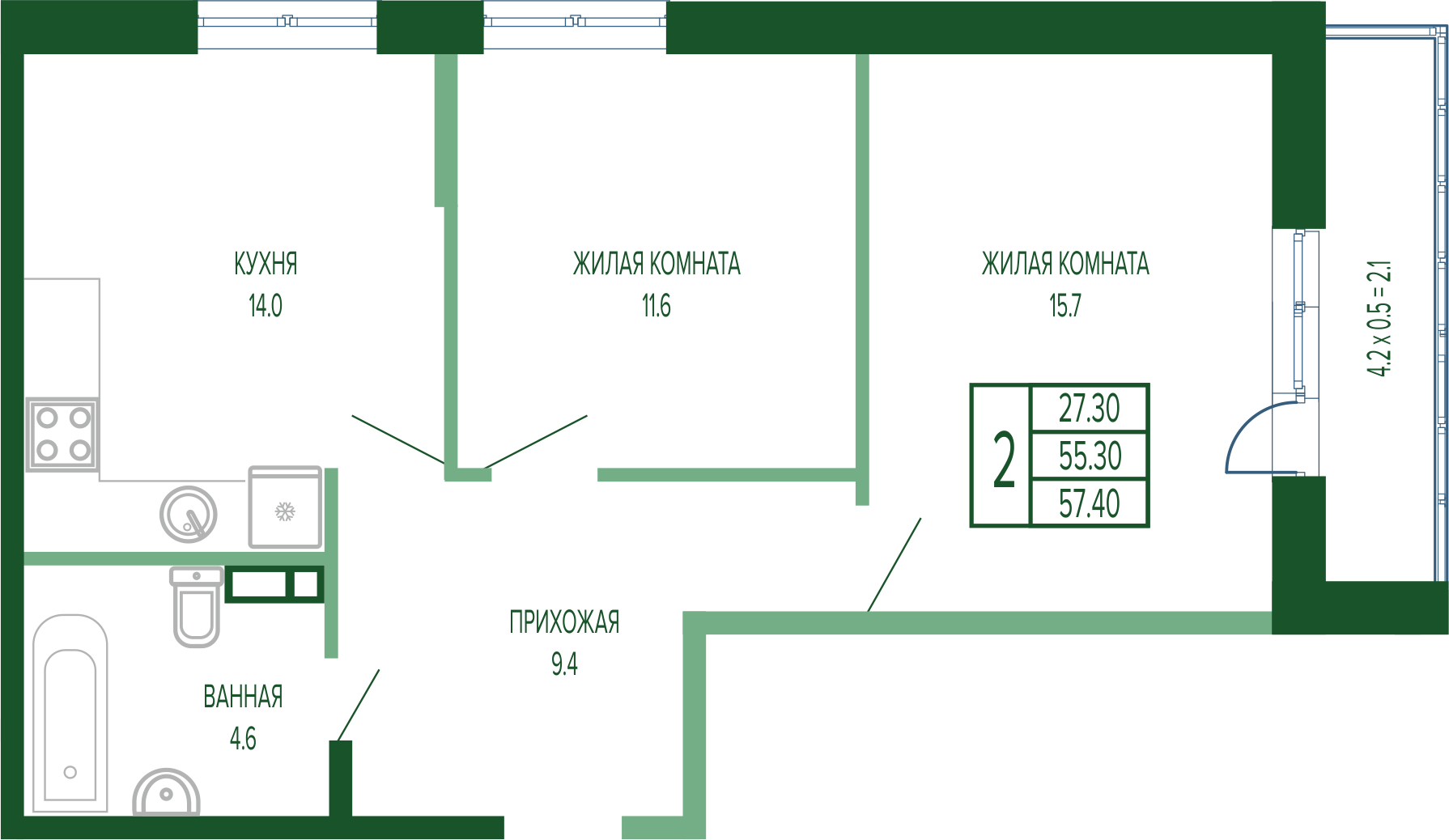 Планировка: 2-комн. квартира 58,9 м²