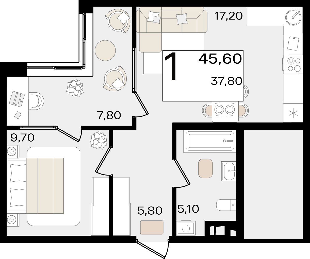 Планировка 1-комнатная 45,6 м²