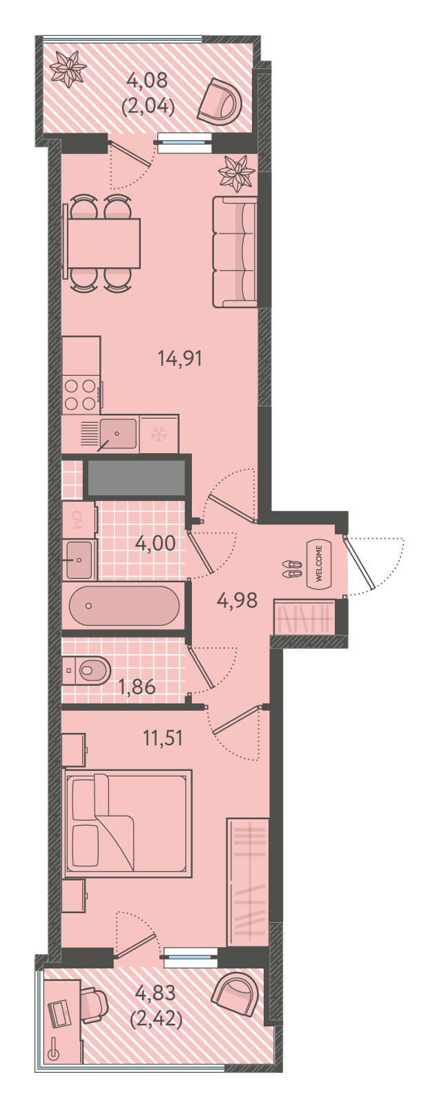 Планировка: 1-комн. квартира 41,6 м²