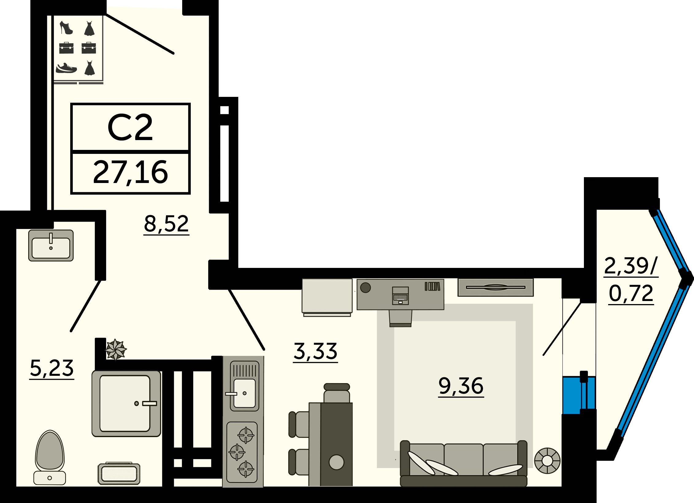 Планировка Студия 27,16 м²