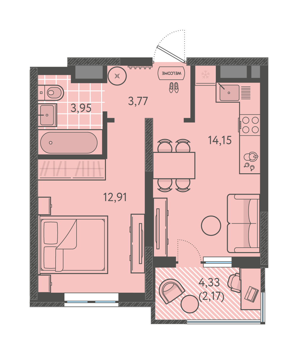 Планировка: 1-комн. квартира 37 м²
