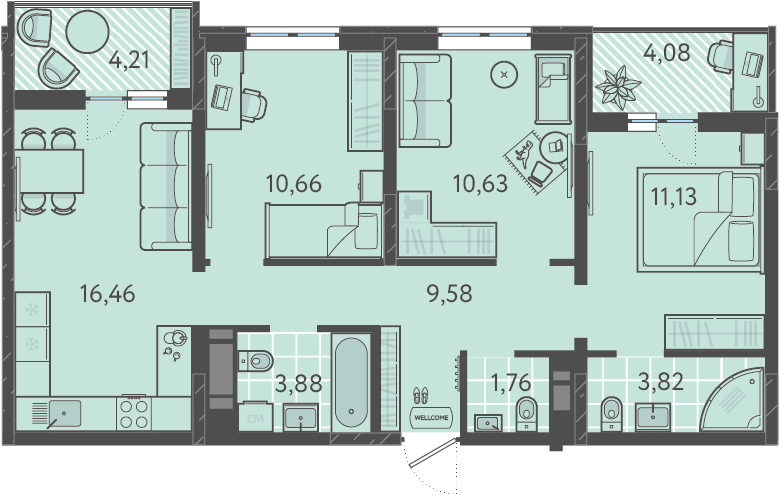 Планировка: 3-комн. квартира 72 м²
